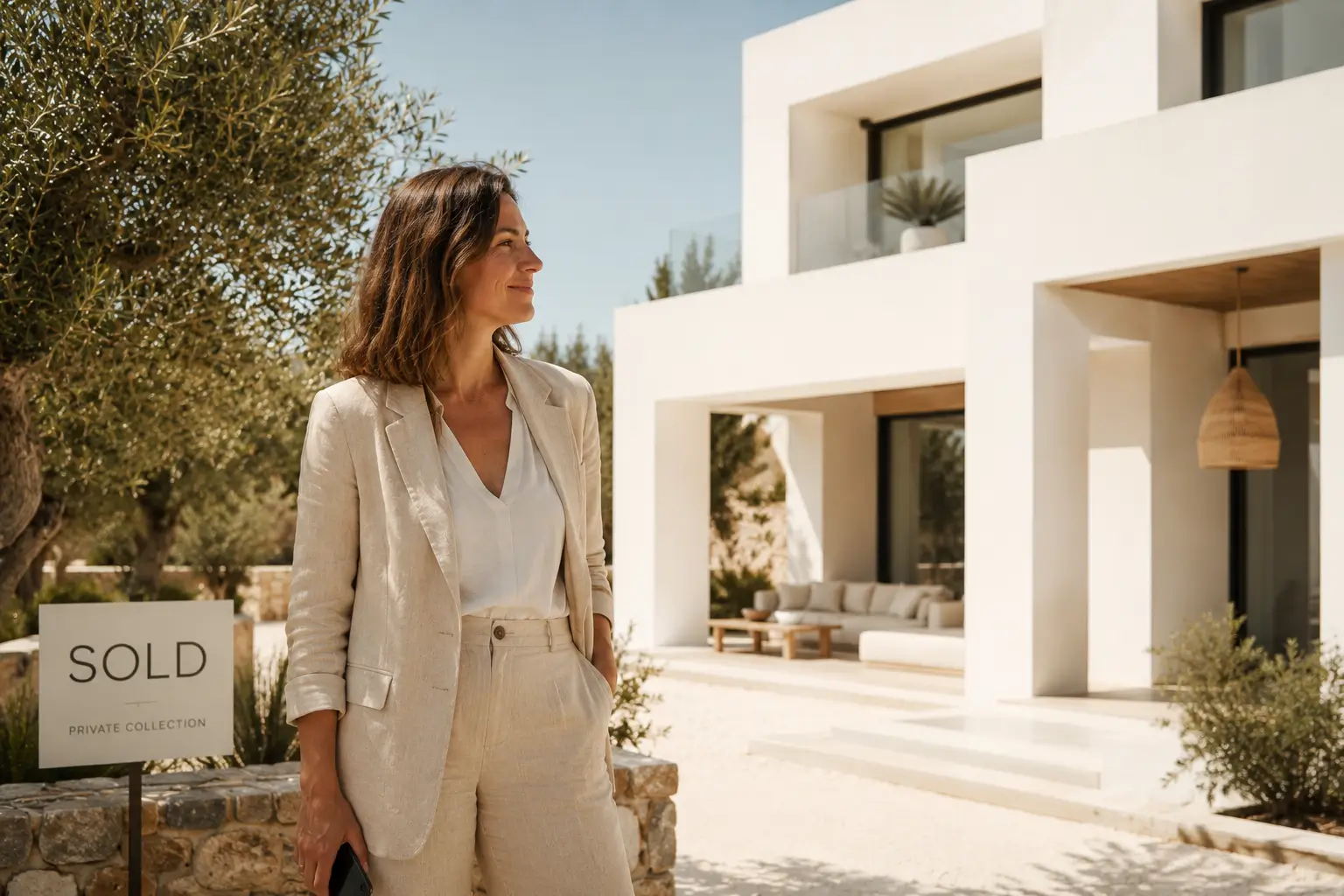 Agente inmobiliaria delante de una villa moderna vendida